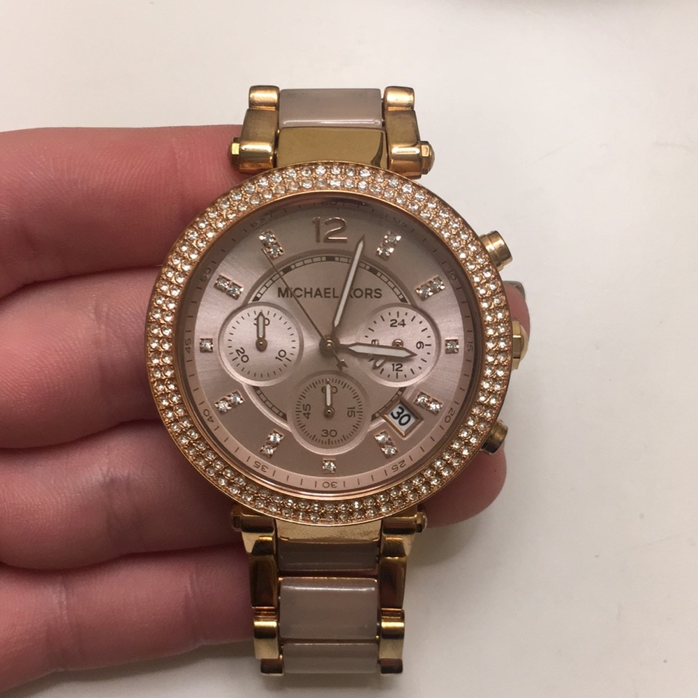 Michael Kors Women's Gold and Rose Gold Crystal-Accent Chronograph Watch